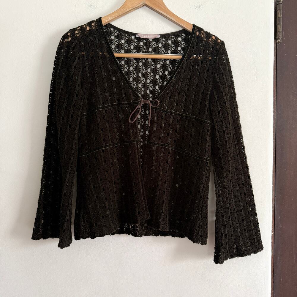 Fresh Wear Dark Olive Green Open Knit Velvet Trim Tie Bell Sleeve Cardigan